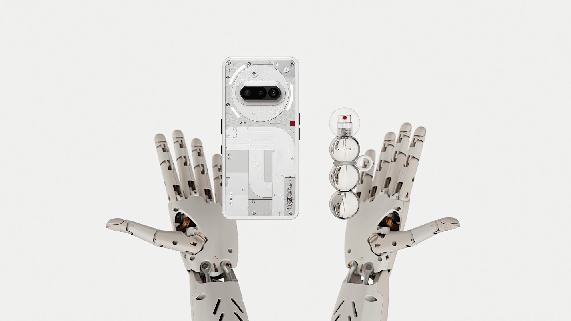Nothing parfum, flacone e Phone (3a) sorretti da mani robotiche